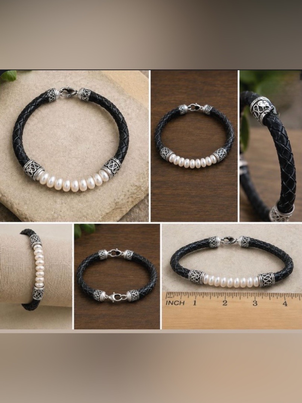 Sterling Silver Freshwater Pearl Black Leather Bracelet | Boho Vintage